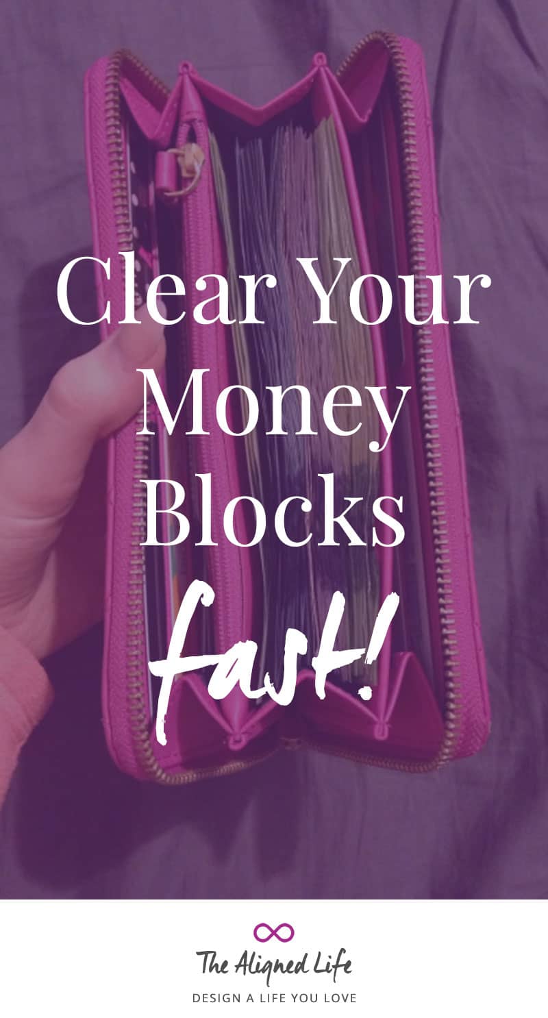 purple wallet with text Clear Your Money Blocks Fast - The Aligned Life