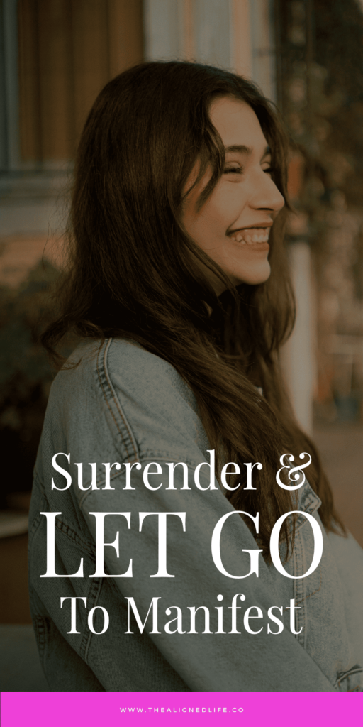 brunette woman in denim jacket smiling | How To Let Go To Manifest | The Aligned Life Manifestation Blog