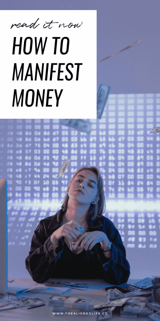 woman sitting a desk throwing money in the air | How To Manifest Money | The Aligned Life Manifestation Blog