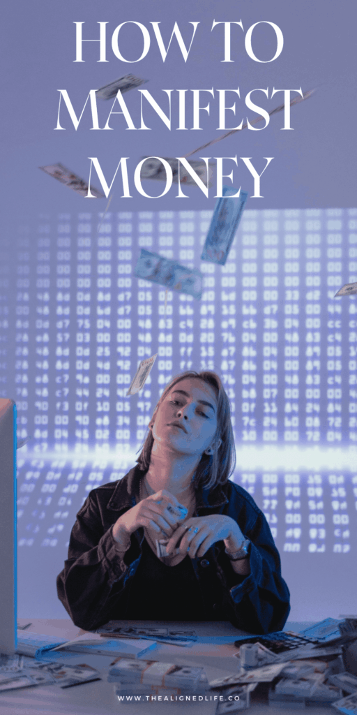 woman sitting a desk throwing money in the air | How To Manifest Money | The Aligned Life Manifestation Blog