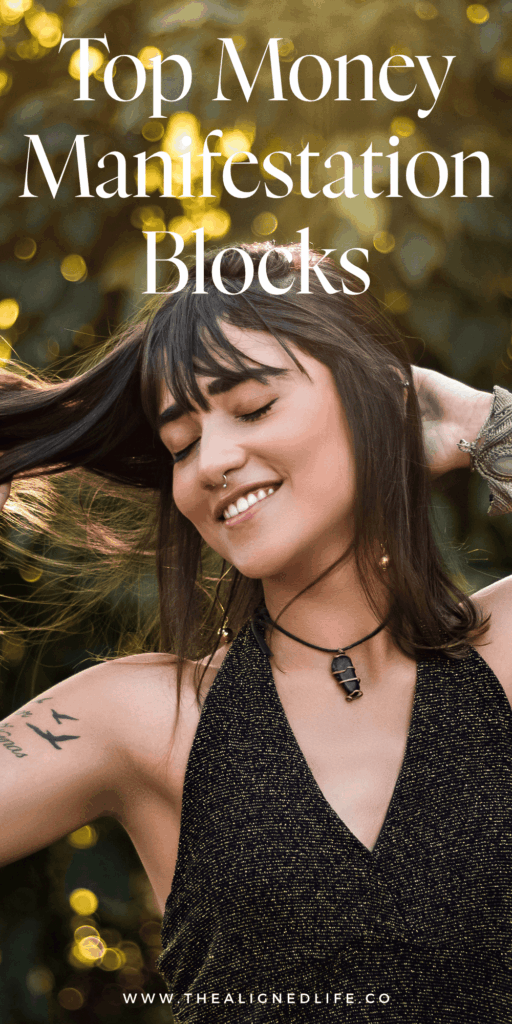 girl with her eyes closed playing with her hair | Most Common Money Manifestation Blocks (& How To Banish Them!) | The Aligned Life Manifestation Blog