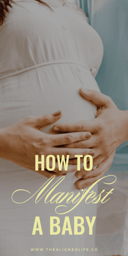 woman in a white dress with hands on a pregnant belly | How To Manifest A Baby | The Aligned Life Manifestation Blog