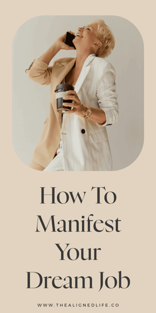 blonde woman in a beige jacket laughing on a cellphone | How To Manifest Your Dream Job | The Aligned Life Manifestation Blog
