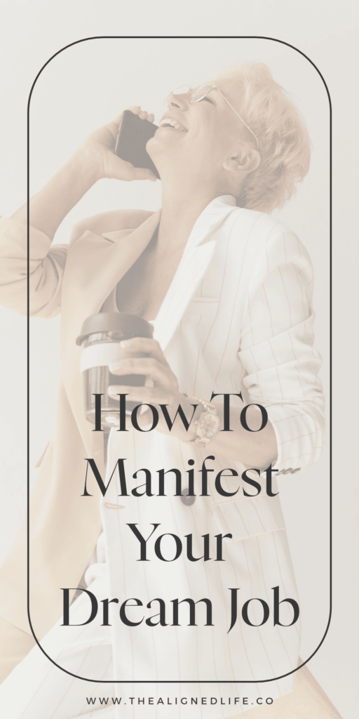 blonde woman in a beige jacket laughing on a cellphone | How To Manifest Your Dream Job | The Aligned Life Manifestation Blog