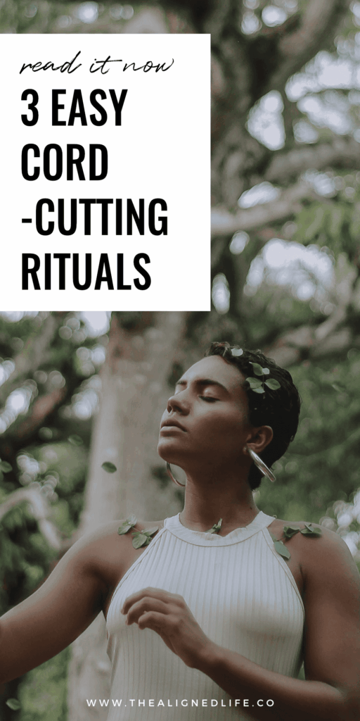 woman with her eyes closed in a forest | 3 Cord Cutting Rituals For Letting Go | The Aligned Life Manifestation Blog