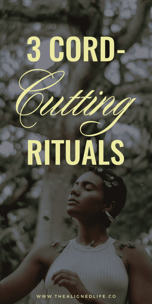 woman with her eyes closed in a forest | 3 Cord Cutting Rituals For Letting Go | The Aligned Life Manifestation Blog