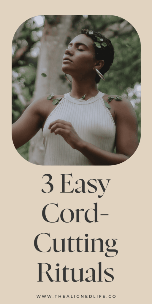 woman with her eyes closed in a forest | 3 Cord Cutting Rituals For Letting Go | The Aligned Life Manifestation Blog