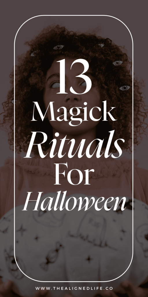 woman with white contact lenses holding a white pumpkin with text reading 13 Magick Rituals For Halloween (Samhain)