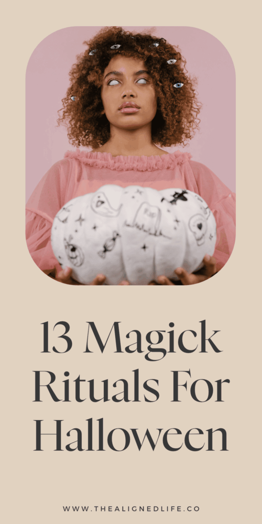 woman with white contact lenses holding a white pumpkin with text reading 13 Magick Rituals For Halloween (Samhain)