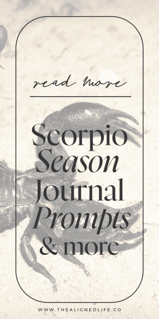 black scorpion on the beach flash photo with text Scorpio Season Journal Prompts, Ritual Ideas & More