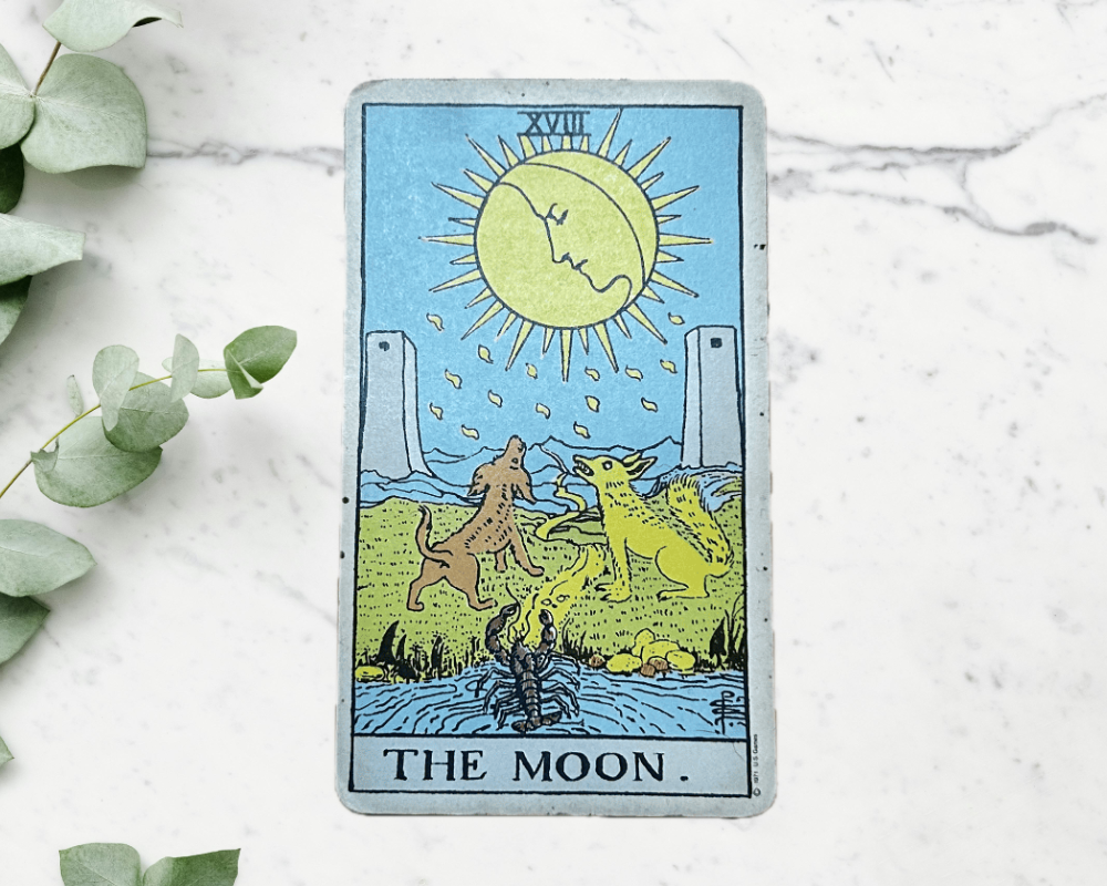 white marble table with eucalyptus & The Moon Tarot Card 18