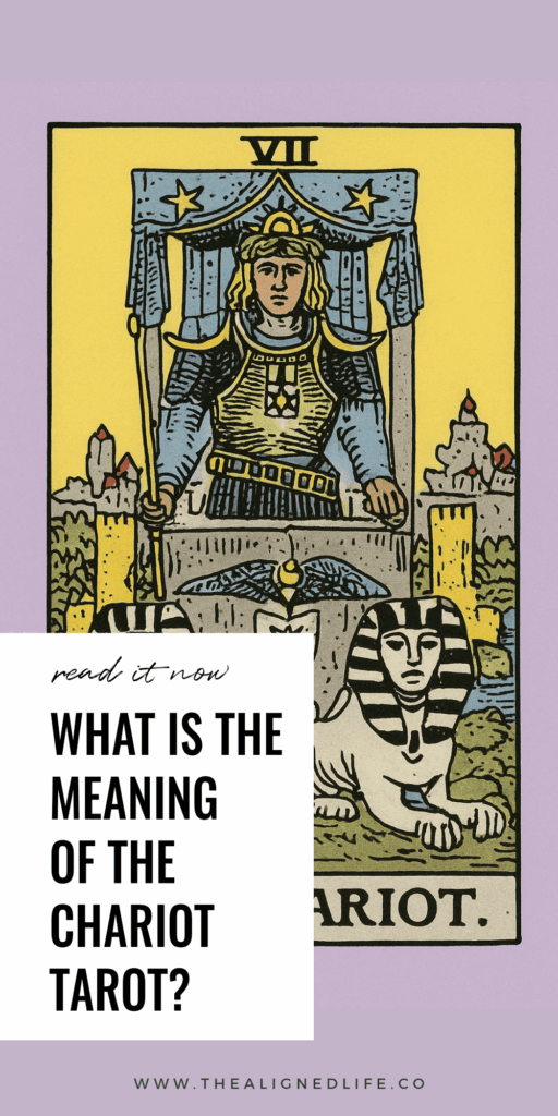 purple background with The Chariot tarot card from the Rider Wait tarot deck