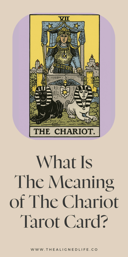 purple background with The Chariot tarot card from the Rider Wait tarot deck