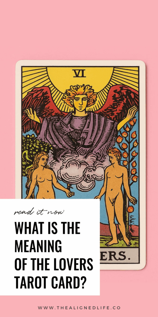 The Lovers tarot card from the Rider Waite tarot deck on a pink background | The Lovers Tarot Card Meaning & Guide
