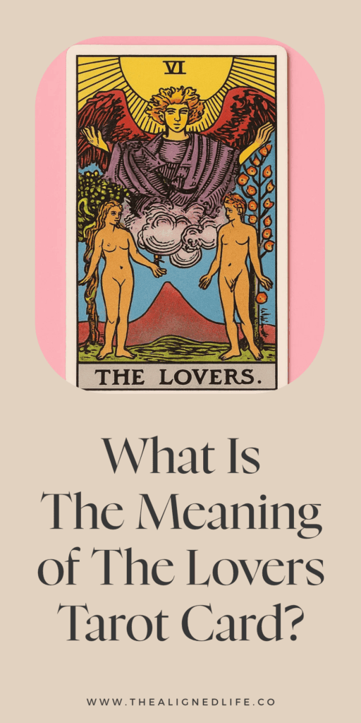 The Lovers tarot card from the Rider Waite tarot deck on a pink background | The Lovers Tarot Card Meaning & Guide
