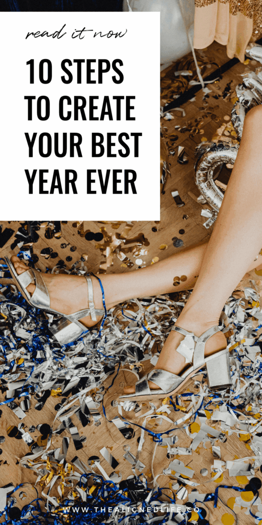 feet in silver chunky heels surrounded by confetti | 10 Steps To Create Your Best Year Ever | The 2026 Guide