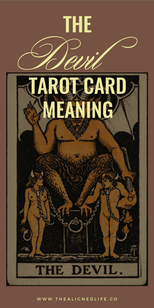 a naked couple are chained to a platform where the Devil sits | The Devil tarot card from the Rider Waite deck