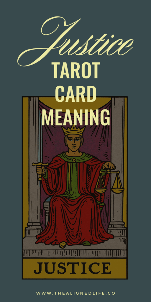 woman sits in red robes with a sword in one hand and scales in the other | Justice from the Rider Waite tarot deck