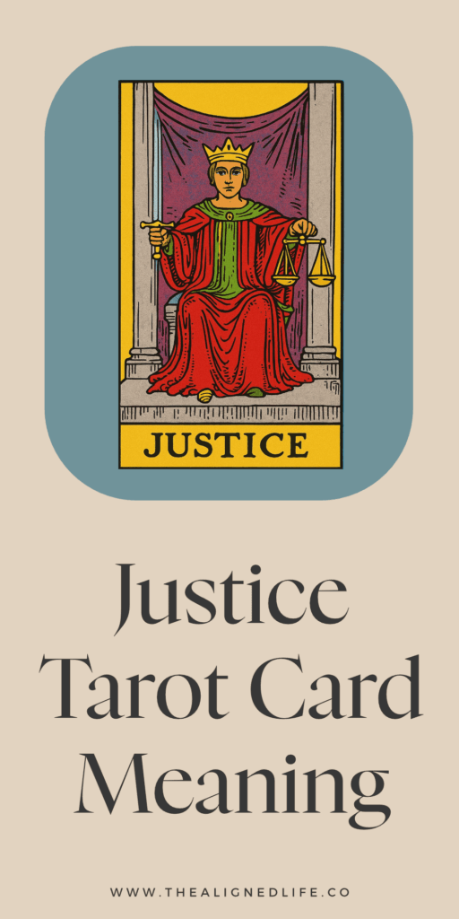 woman sits in red robes with a sword in one hand and scales in the other | Justice from the Rider Waite tarot deck
