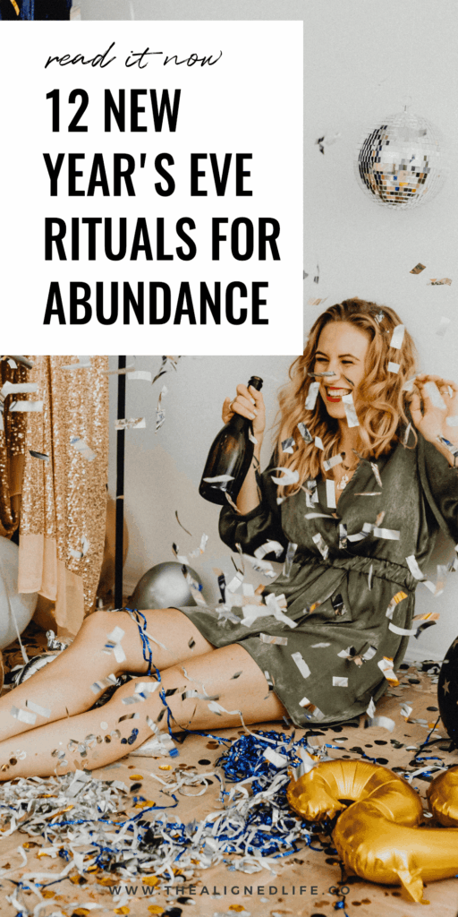 woman in a sparkly dress sits on the floor with confetti and a champagne bottle | 12 New Year's Eve Rituals for Abundance