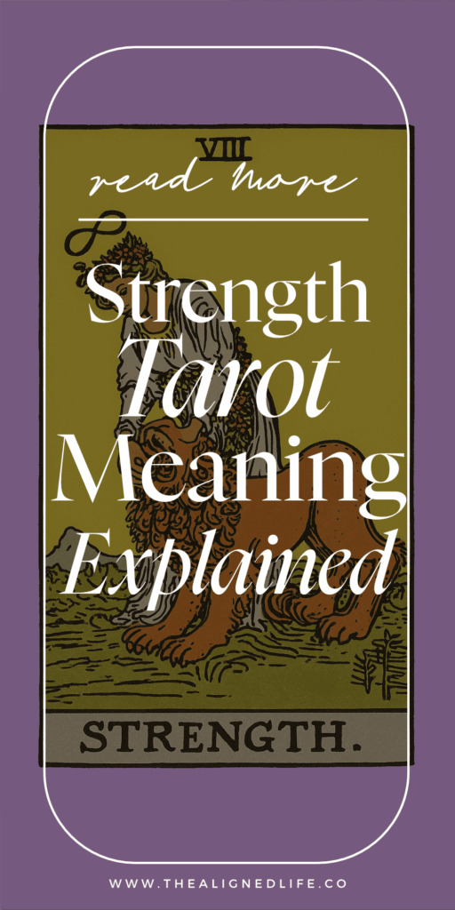 pink background with the Strength tarot card from the Rider Waite deck