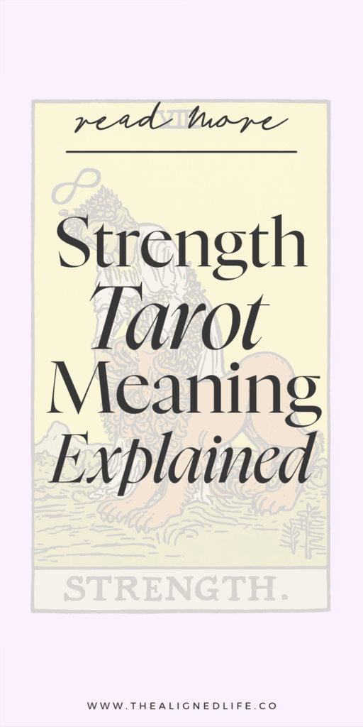 pink background with the Strength tarot card from the Rider Waite deck