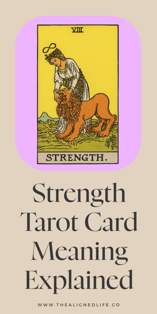pink background with the Strength tarot card from the Rider Waite deck