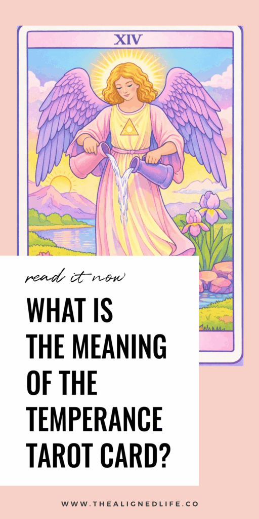 an angel stands with one foot on the ground pouring water upwards from one cup into another | Temperance Tarot Card from the Rider Waite tarot deck