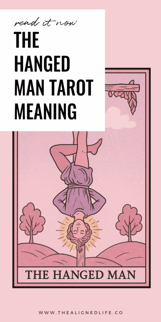 a man hanging from a tree by one foot with a halo around his head | The Hanged Man tarot card from the Rider Waite deck