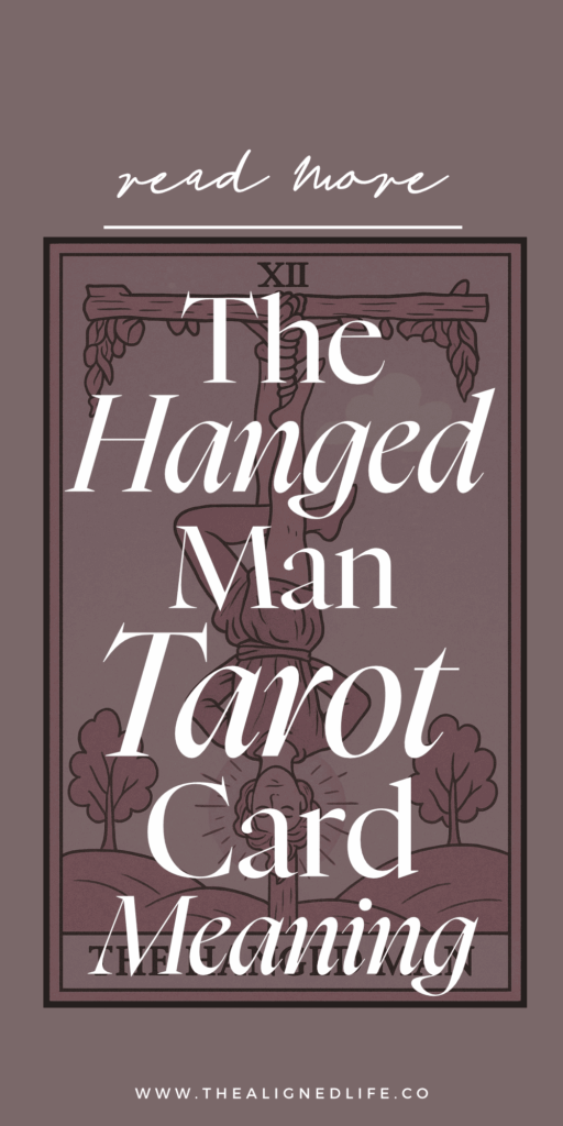 a man hanging from a tree by one foot with a halo around his head | The Hanged Man tarot card from the Rider Waite deck