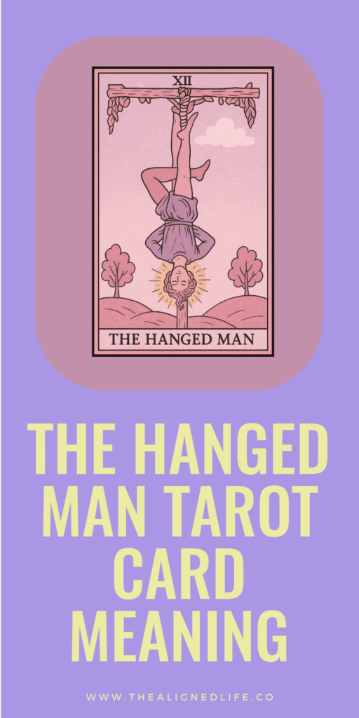 a man hanging from a tree by one foot with a halo around his head | The Hanged Man tarot card from the Rider Waite deck