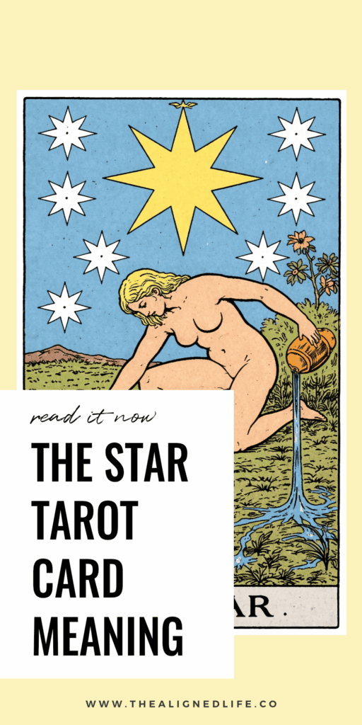 a woman kneeling pouring water onto the pond and onto the land with a giant star above her head | The Star tarot card from the Rider Waite deck