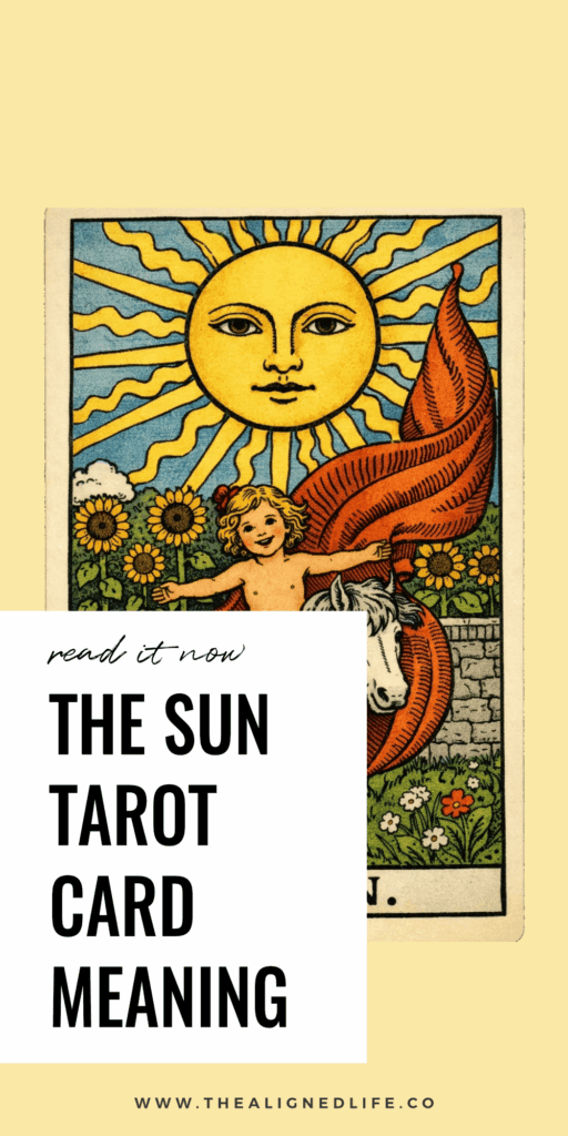 a happy baby rides a pony in front of sunflowers and the Sun | The Sun tarot card from the Rider Waite tarot deck