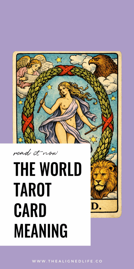 woman stands in the center of a wreath surrounded by an eagle, a bull, a lion and an angel | the World tarot card from the Rider Waite tarot deck