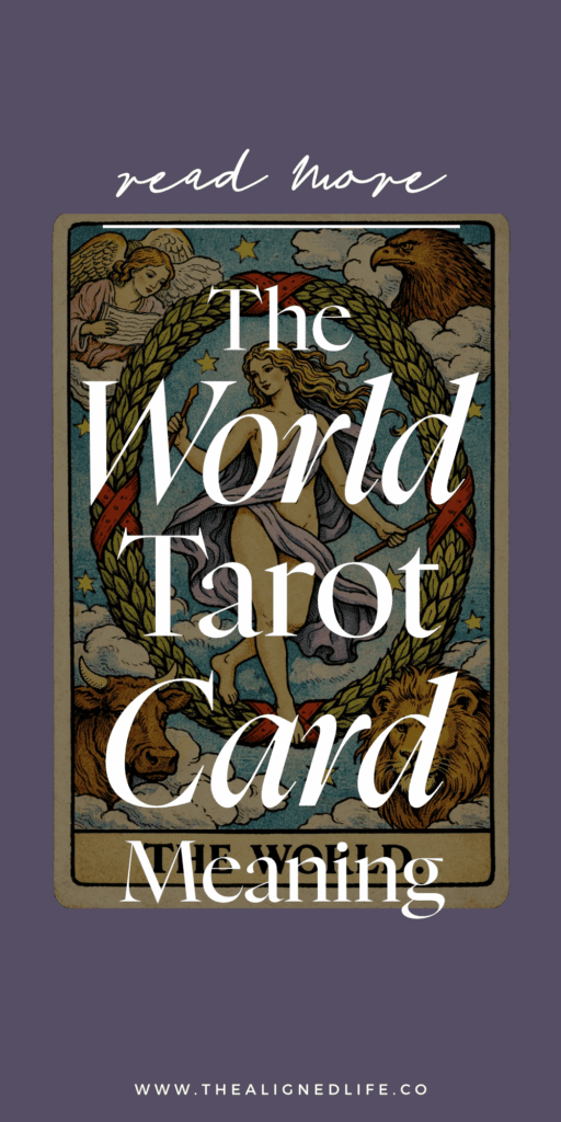 woman stands in the center of a wreath surrounded by an eagle, a bull, a lion and an angel | the World tarot card from the Rider Waite tarot deck