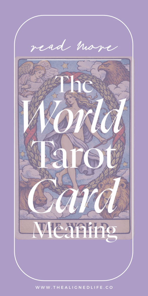 woman stands in the center of a wreath surrounded by an eagle, a bull, a lion and an angel | the World tarot card from the Rider Waite tarot deck