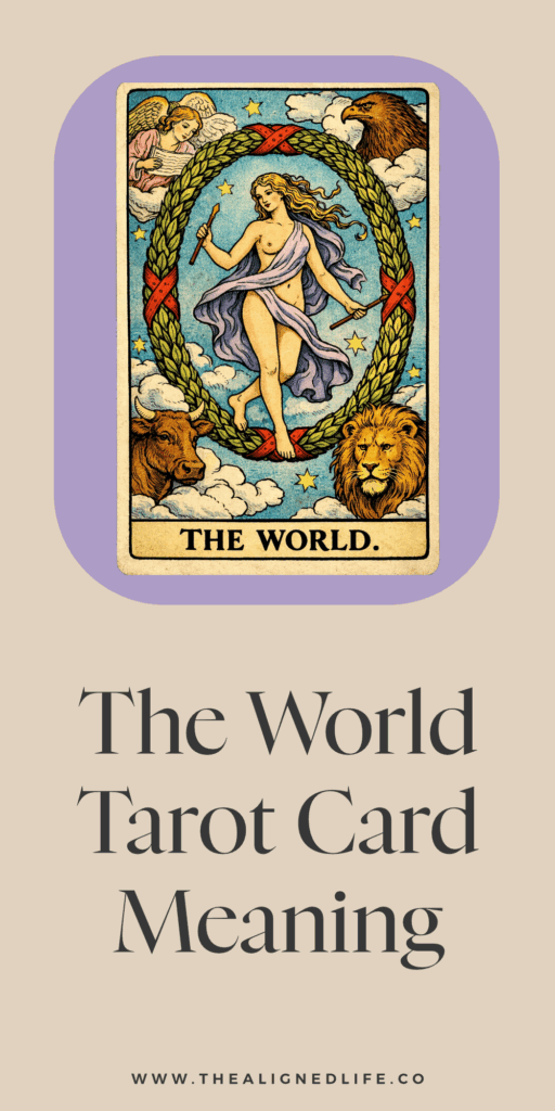 woman stands in the center of a wreath surrounded by an eagle, a bull, a lion and an angel | the World tarot card from the Rider Waite tarot deck