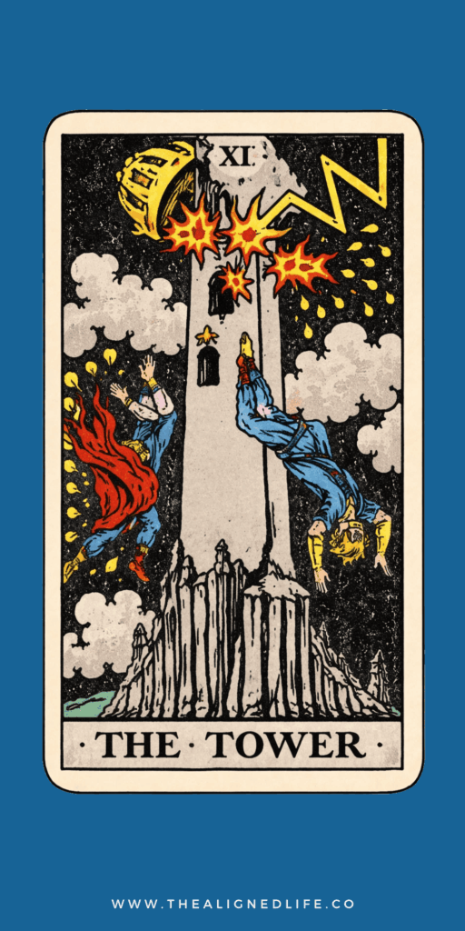 two figures fall from a tower that has been hit by lightning | The Tower from The Rider Waite tarot deck
