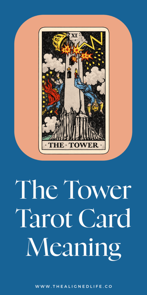 two figures fall from a tower that has been hit by lightning | The Tower from The Rider Waite tarot deck