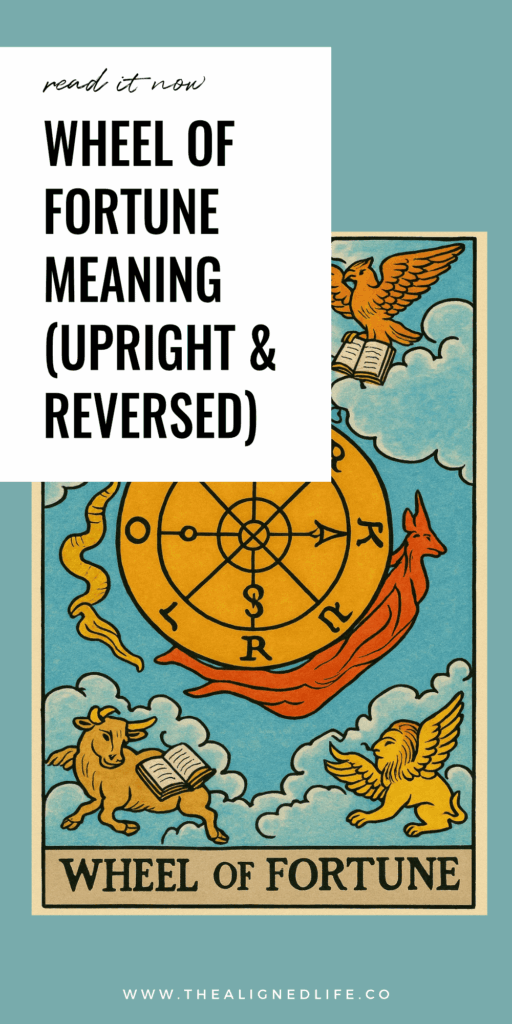 a wheel of Fortune sits among a bull, lion, angel and eagle | The Wheel of Fortune card from the Rider Waite tarot deck