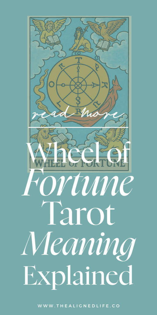 a wheel of Fortune sits among a bull, lion, angel and eagle | The Wheel of Fortune card from the Rider Waite tarot deck