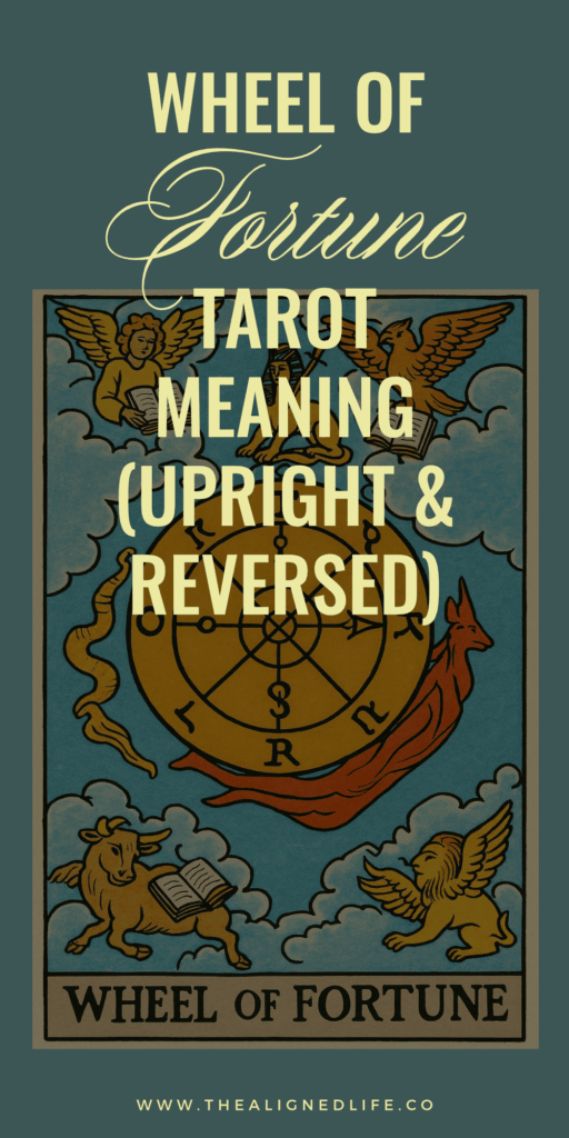 a wheel of Fortune sits among a bull, lion, angel and eagle | The Wheel of Fortune card from the Rider Waite tarot deck