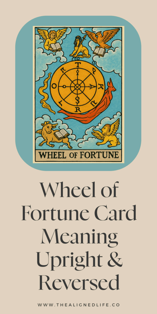 a wheel of Fortune sits among a bull, lion, angel and eagle | The Wheel of Fortune card from the Rider Waite tarot deck